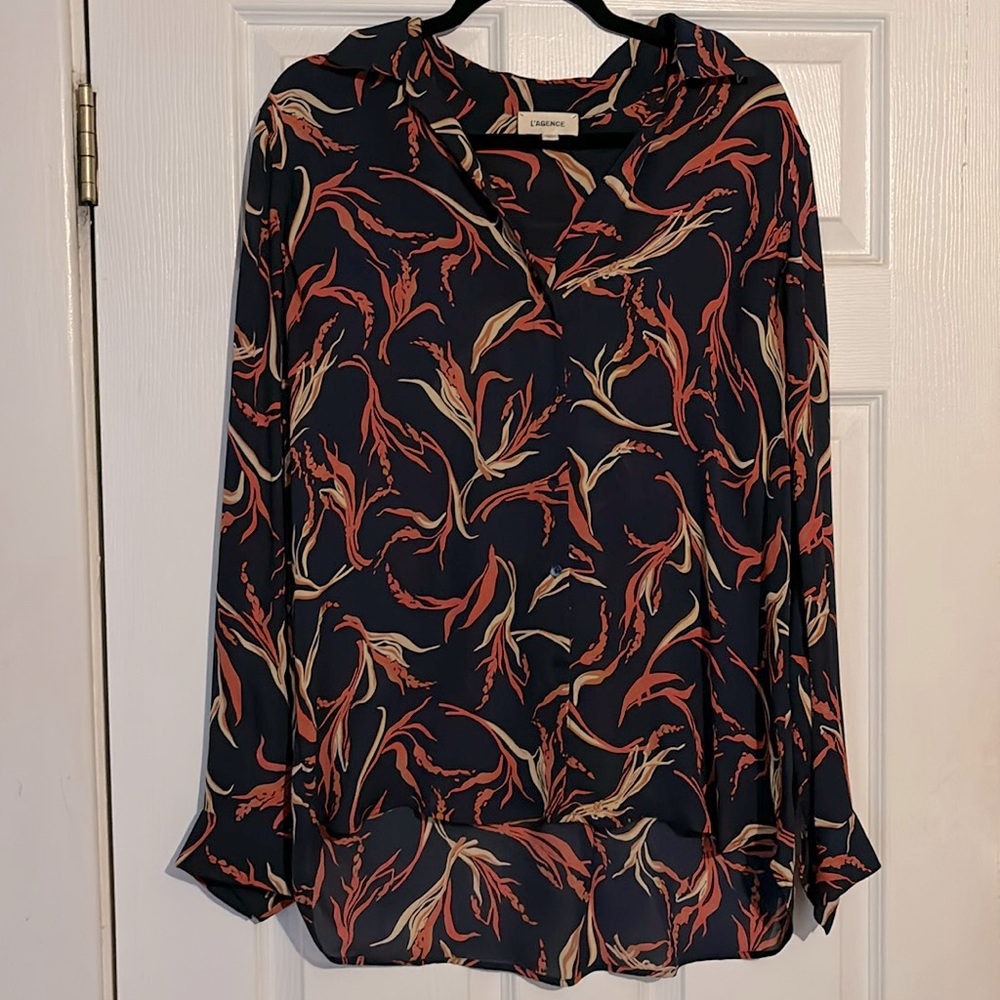 L’agence large silk blouse button down shirt silk print EUC